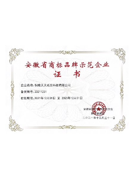 安徽省商標品牌示范企業(yè)證書
